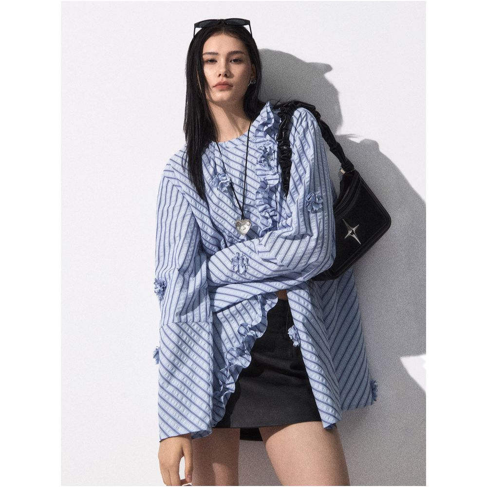 Luobian Flower Blossom Original Designer s Three Dimensional Flower Shirt Stand up Collar Black Fungal Edge Slant Collar Striped Shirt Top image 1
