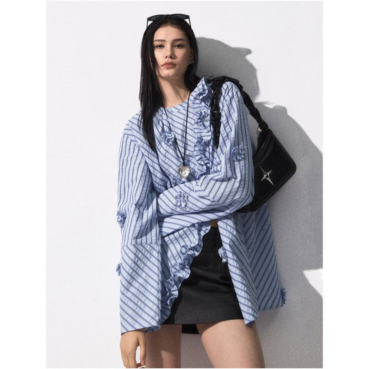 ASAYA6239 – Blue Ruffle Stripe Blouse 💙✨