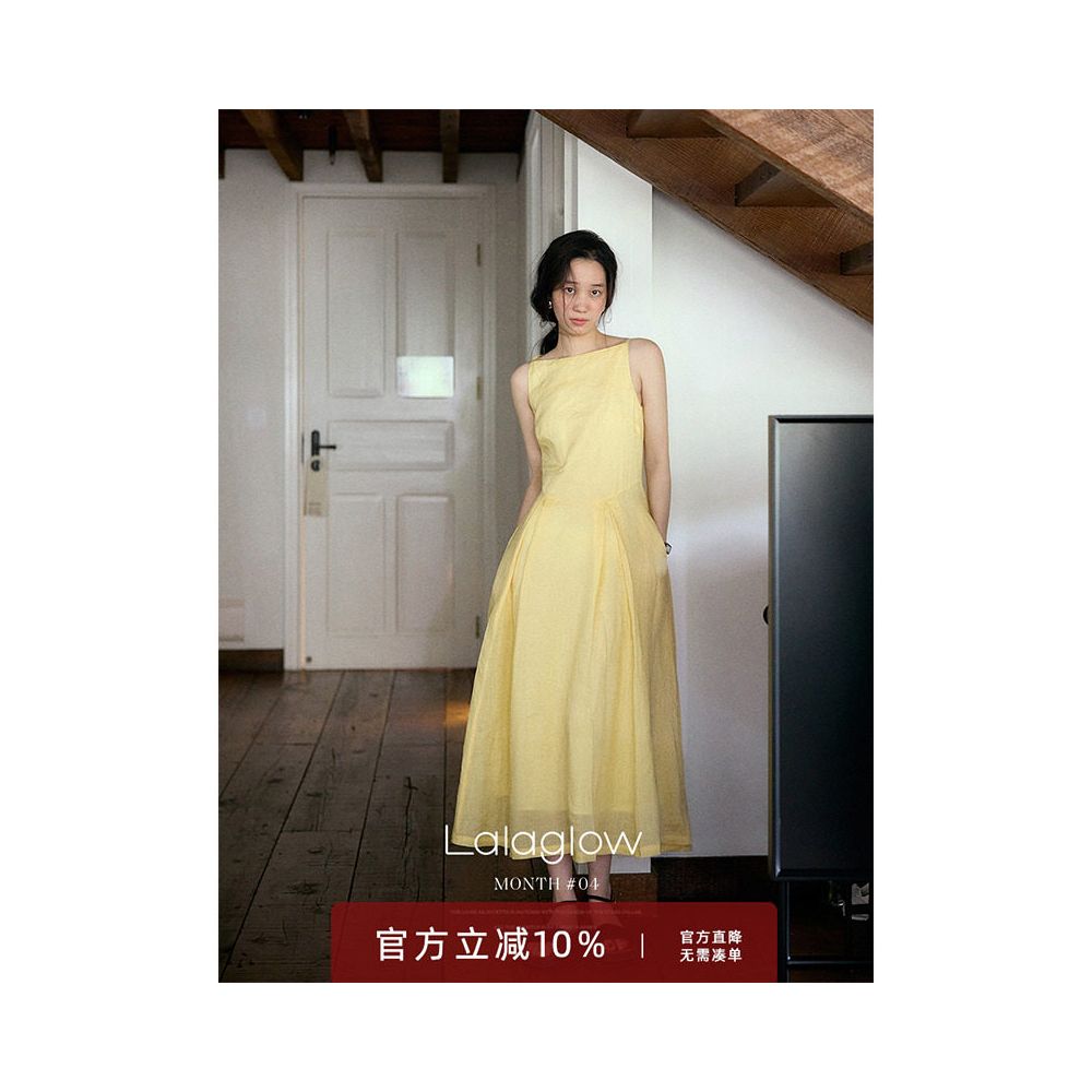 Lalaglow in stock breathable French style waist slimming dress with full ramie between breaths long skirt for women image 0