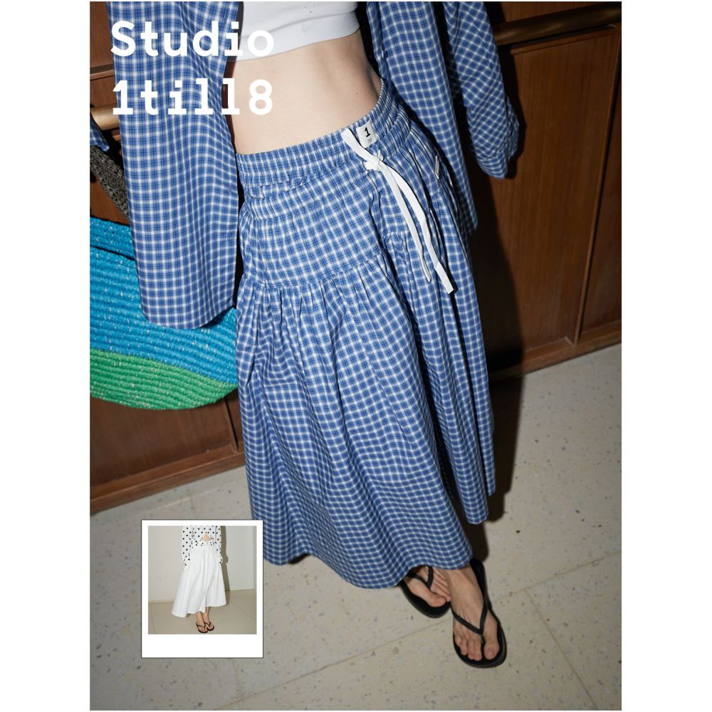 Studio1til8 spring summer casual loose A line elastic waist drawstring mid length skirt plaid white image 1