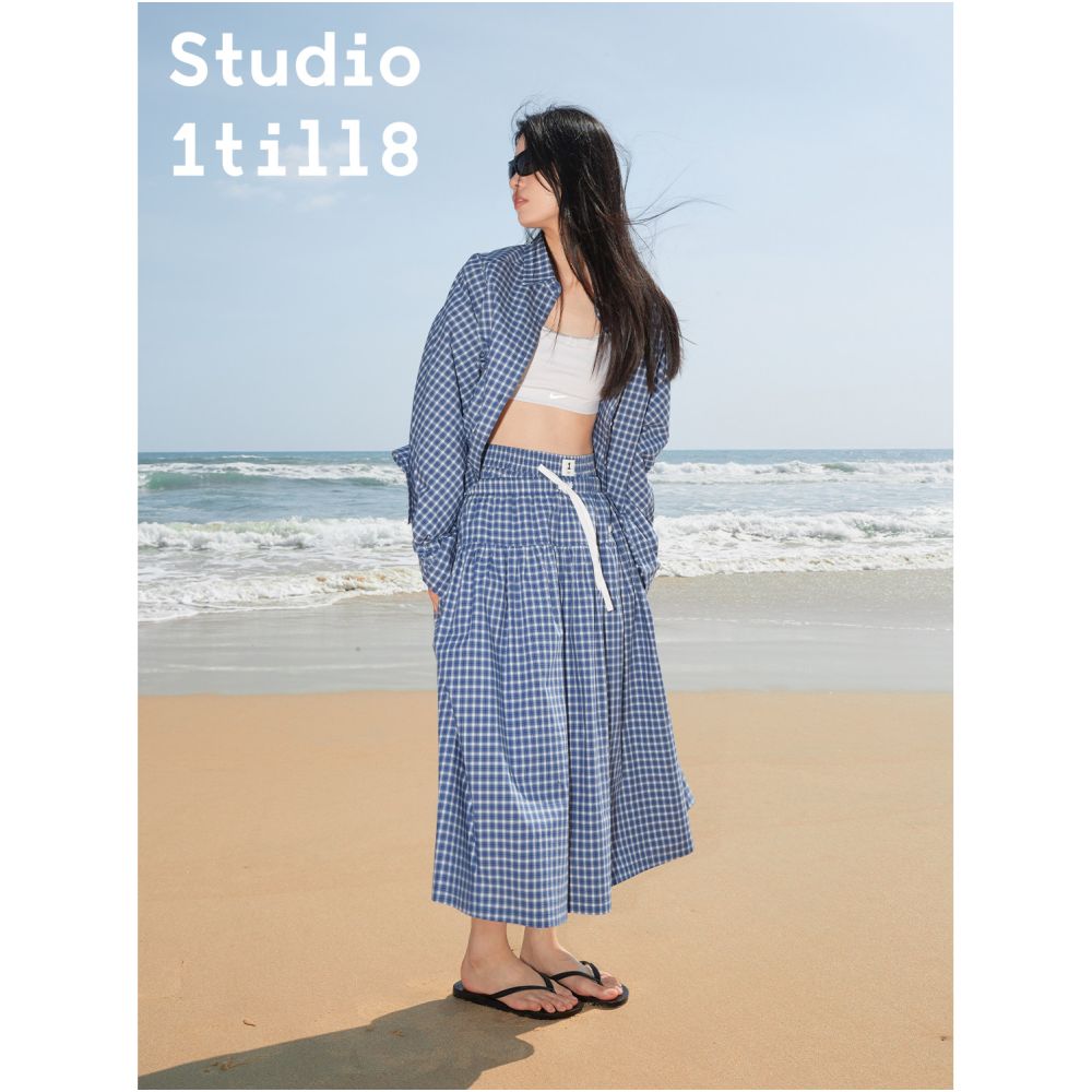 Studio1til8 spring summer casual loose A line elastic waist drawstring mid length skirt plaid white image 2
