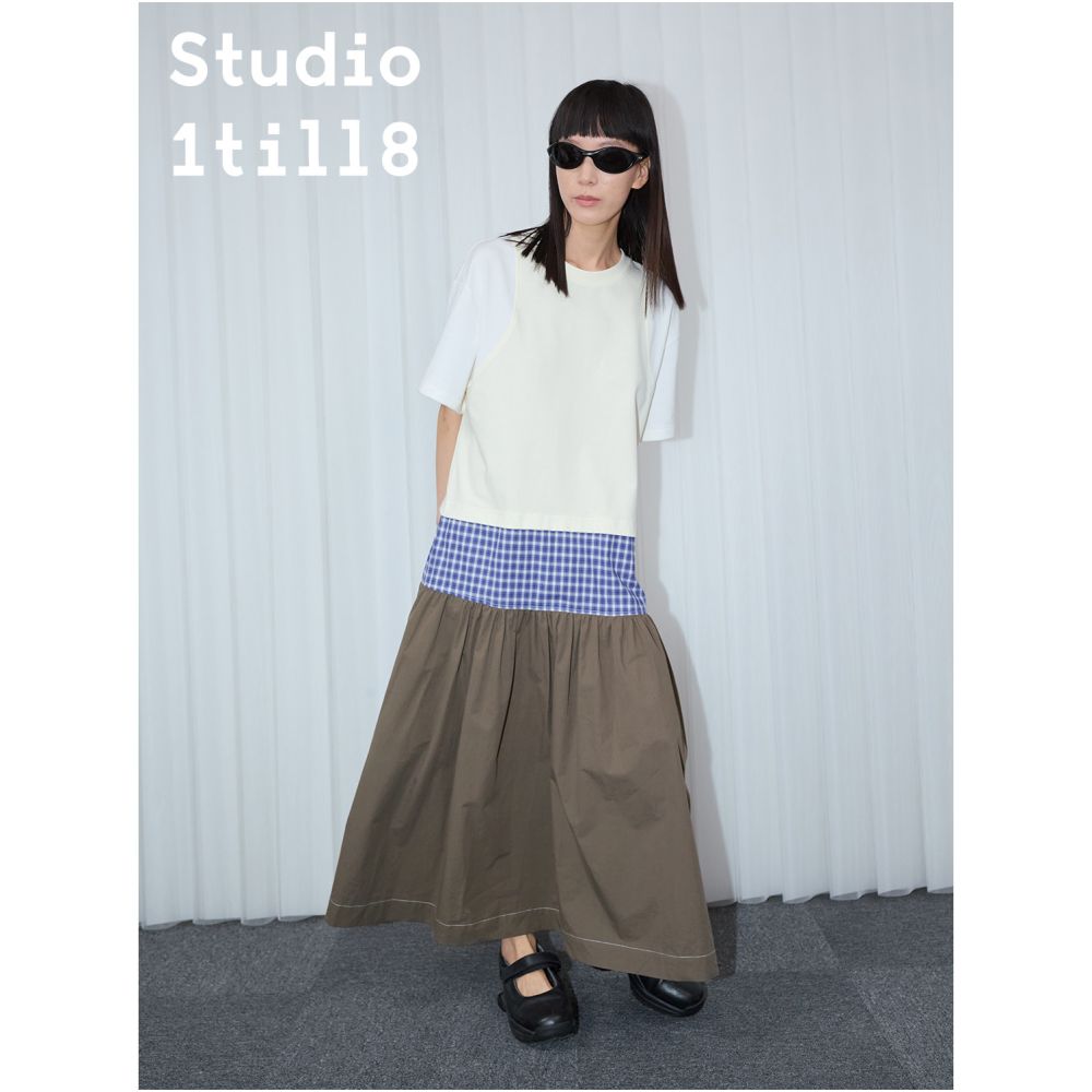 Studio1till8 blue and white checkered black and gray checkered patchwork fake two loose long short sleeved dresses image 2