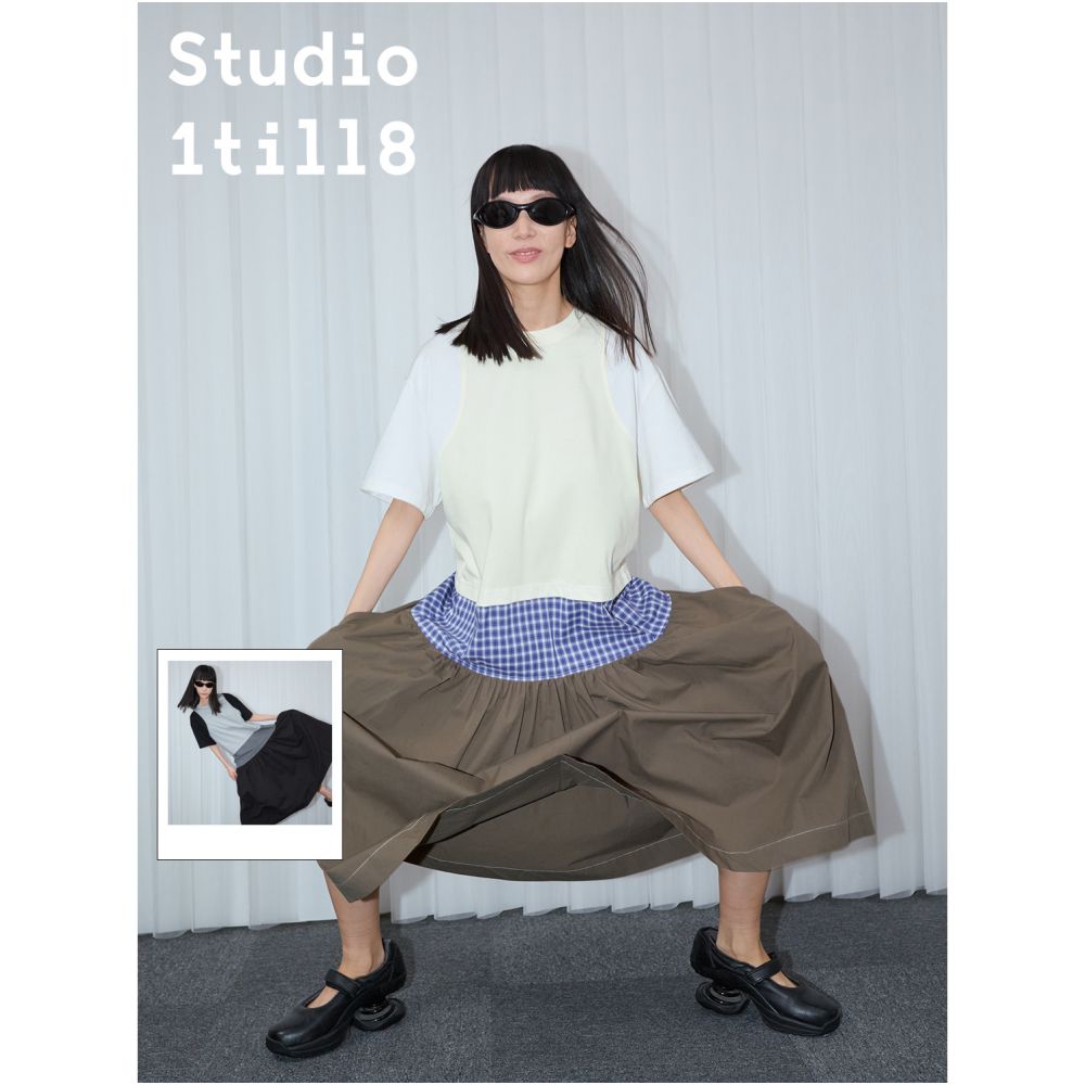Studio1till8 blue and white checkered black and gray checkered patchwork fake two loose long short sleeved dresses image 0