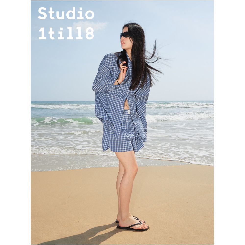 Studio1till8 raglan sleeves lazy neutral style striped shirt elastic waist casual shorts set image 1