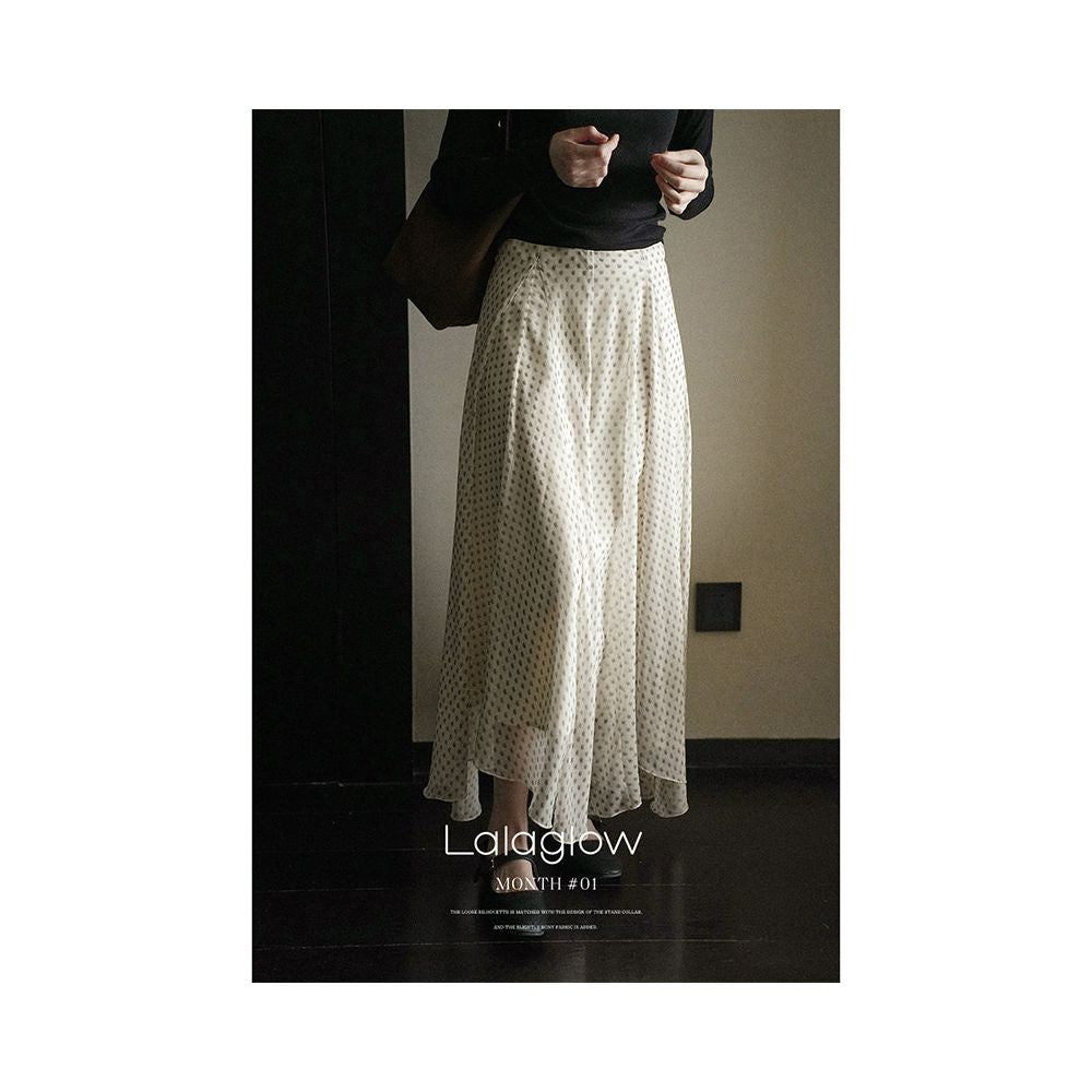 Lalaglow in the rain Paris French temperament irregular drape print skirt slimming long skirt for women early spring image 0