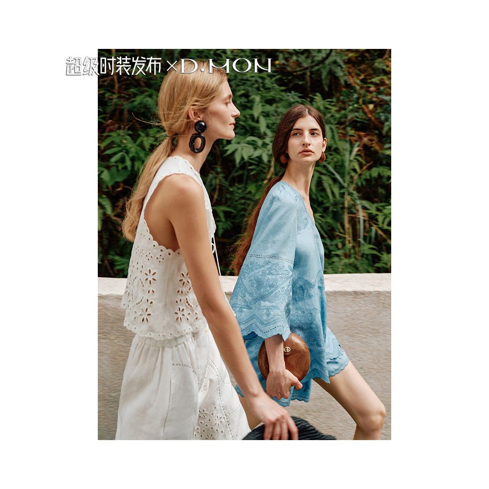 Super Fashion DMON Summer Garden French Holiday Hollow Embroidery Deep V Loose Small Shirt Shorts image 3