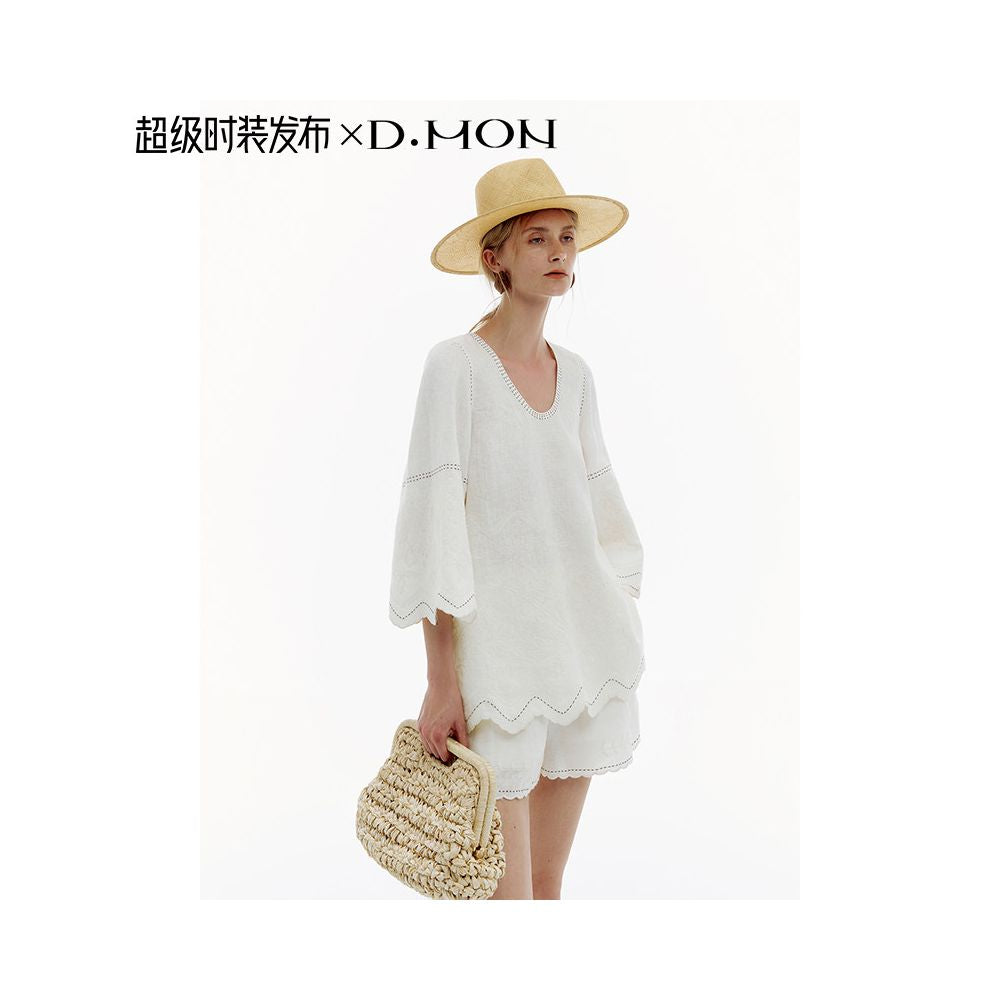 Super Fashion DMON Summer Garden French Holiday Hollow Embroidery Deep V Loose Small Shirt Shorts image 4