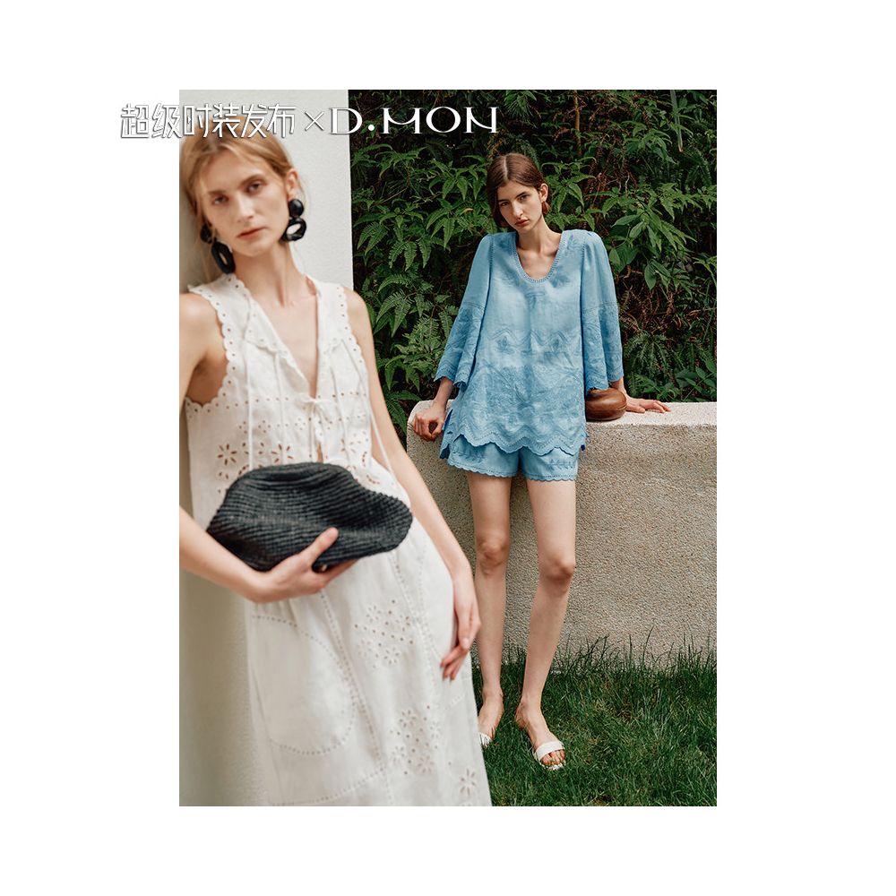 Super Fashion DMON Summer Garden French Holiday Hollow Embroidery Deep V Loose Small Shirt Shorts image 0