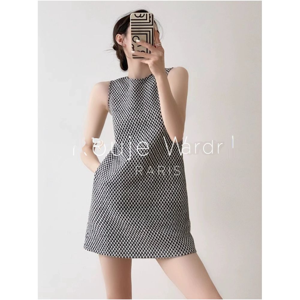 Rouje Wardr French Retro Black and White Check Suspender Dress for Women Spring Summer Short Sleeveless Vest Dress image 0