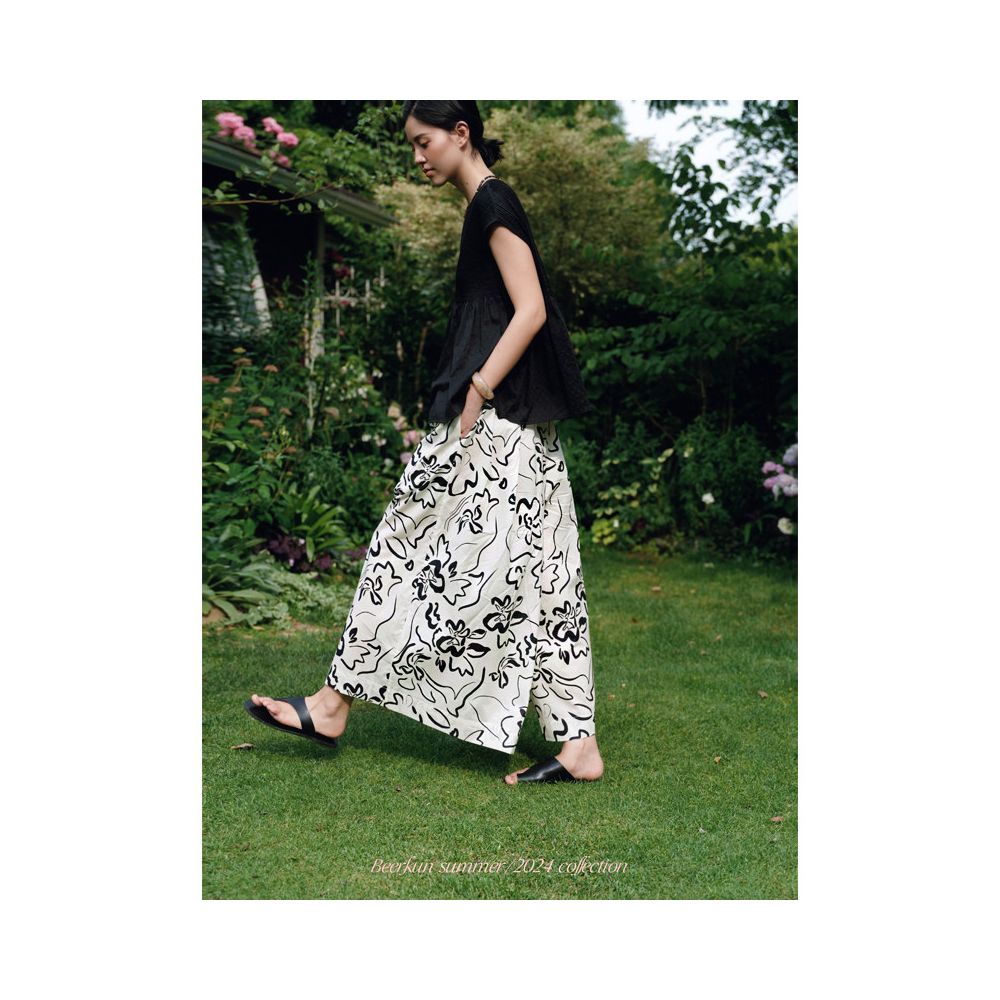 Beerkun Flower Wild 60 fine washed cotton Fauvism Art Black and White Printed A line Wide Leg Skirts and Pants image 0