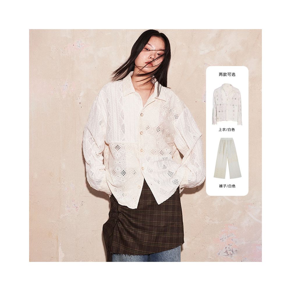 SAME FLOW original niche design white lace straight leg high waisted casual pants hollowed out wide leg pants for women image 5