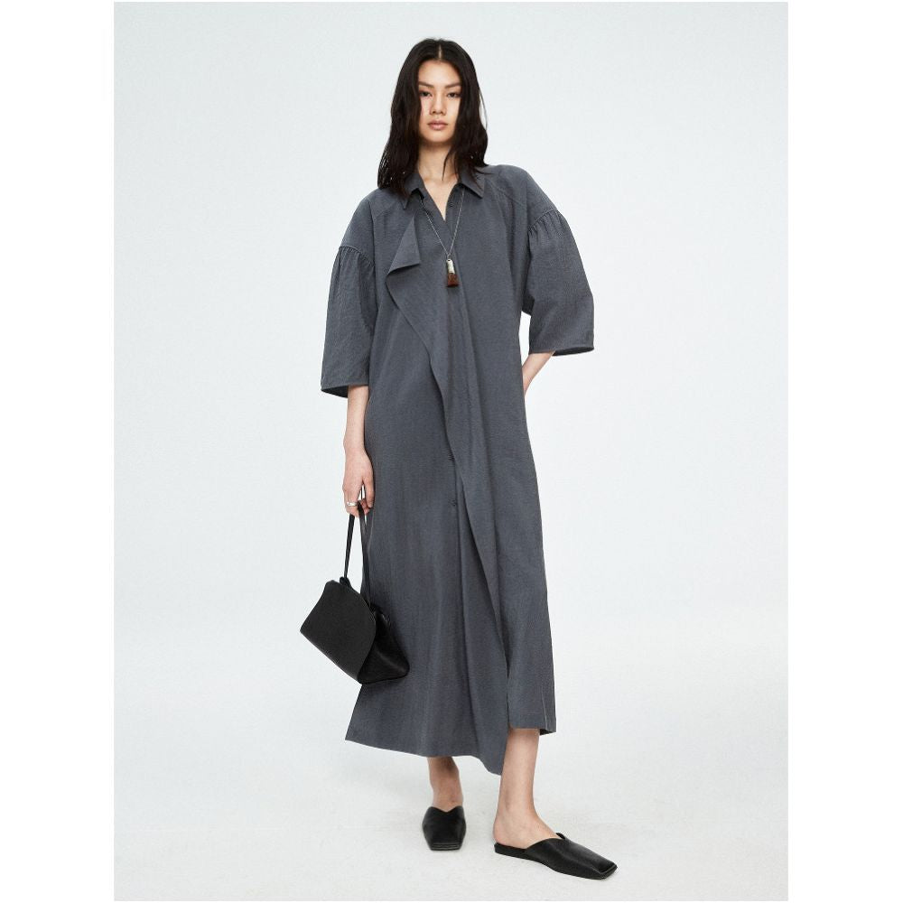 MRS Studios DRY SILK Dry Silk Series Minimally Asymmetric Shirt Collar Strap Short Sleeve Dress image 3