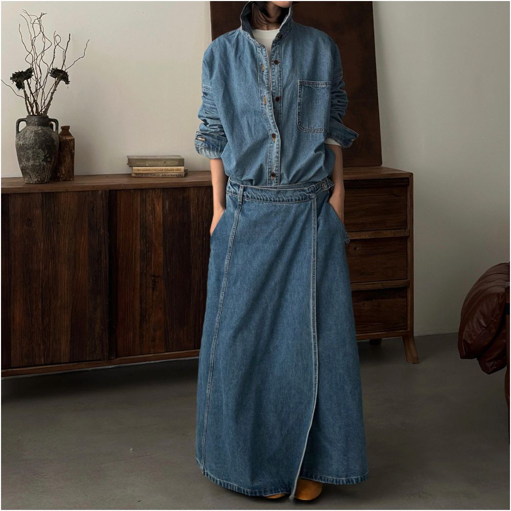 2026 new blue denim suit women s long sleeved shirt top one piece skirt relaxed two piece set for spring image 0