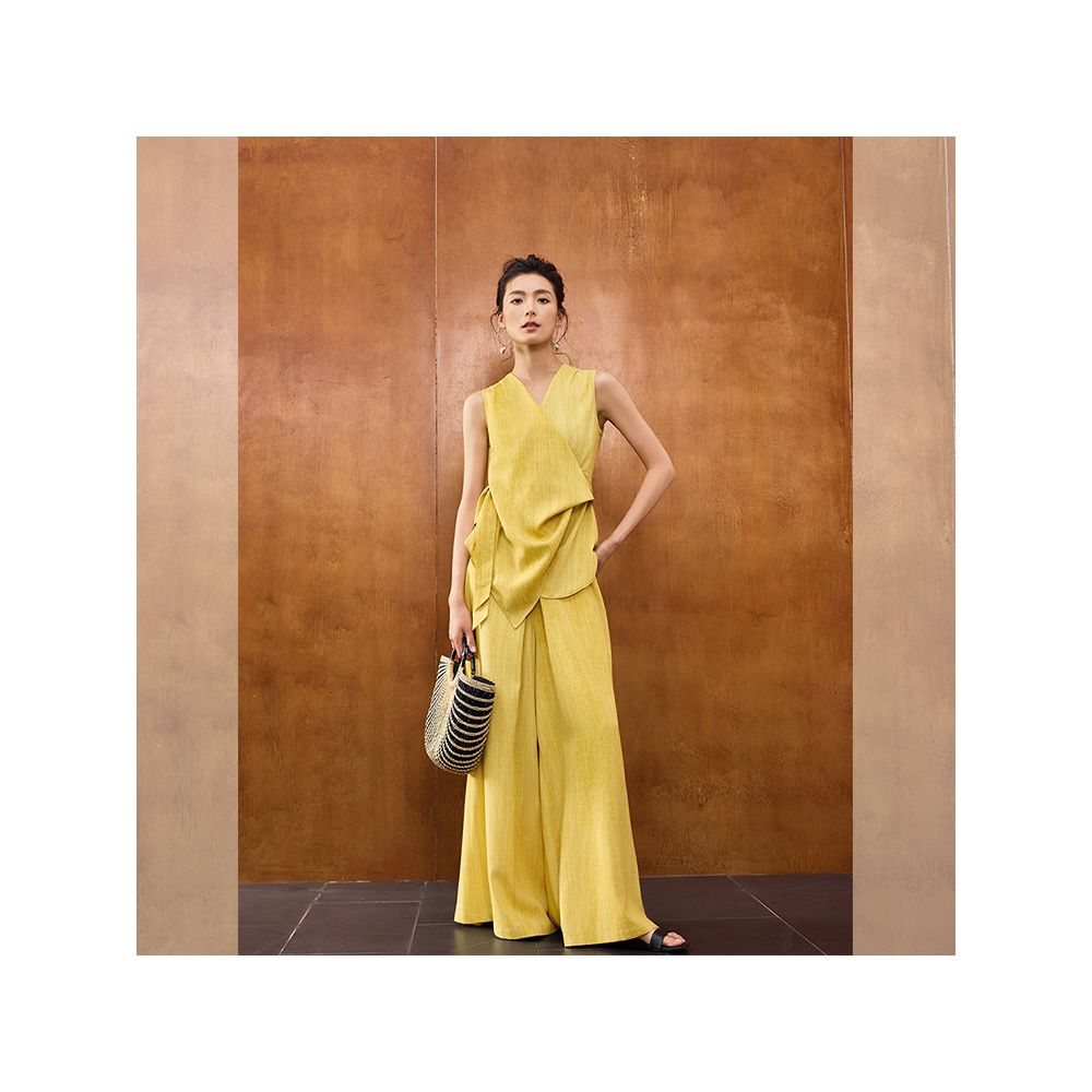 Lightweight city traveler linen Tencel set yellow blending stir fried color simple V neck two piece outfit image 1
