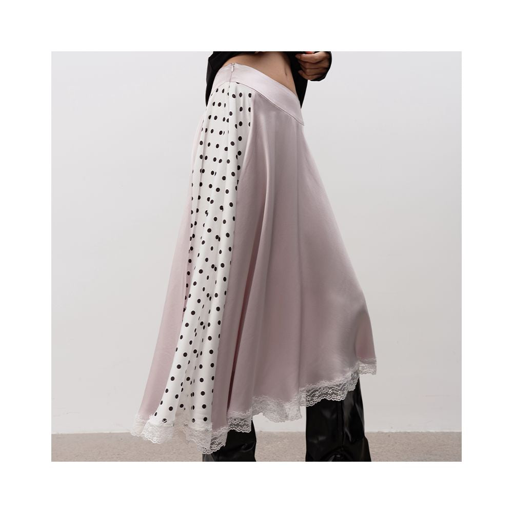 JCAESAR WOMEN polka dot patchwork lace long skirt satin fabric side double zipper reversible waist head image 1