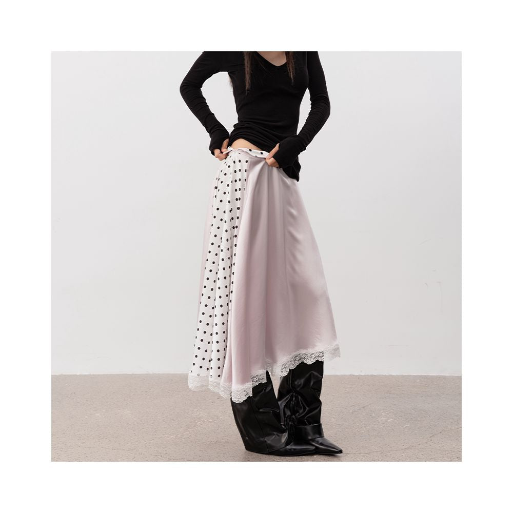 JCAESAR WOMEN polka dot patchwork lace long skirt satin fabric side double zipper reversible waist head image 2