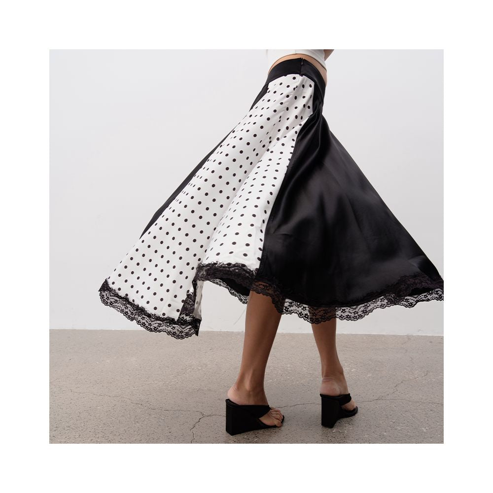 JCAESAR WOMEN polka dot patchwork lace long skirt satin fabric side double zipper reversible waist head image 3