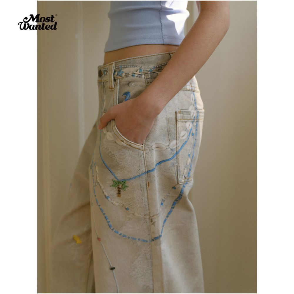 Mostwande pearl lace cold transfer printed jeans versatile holiday style ocean pants chain 2026 spring image 4