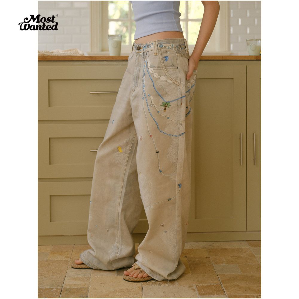 Mostwande pearl lace cold transfer printed jeans versatile holiday style ocean pants chain 2026 spring image 0