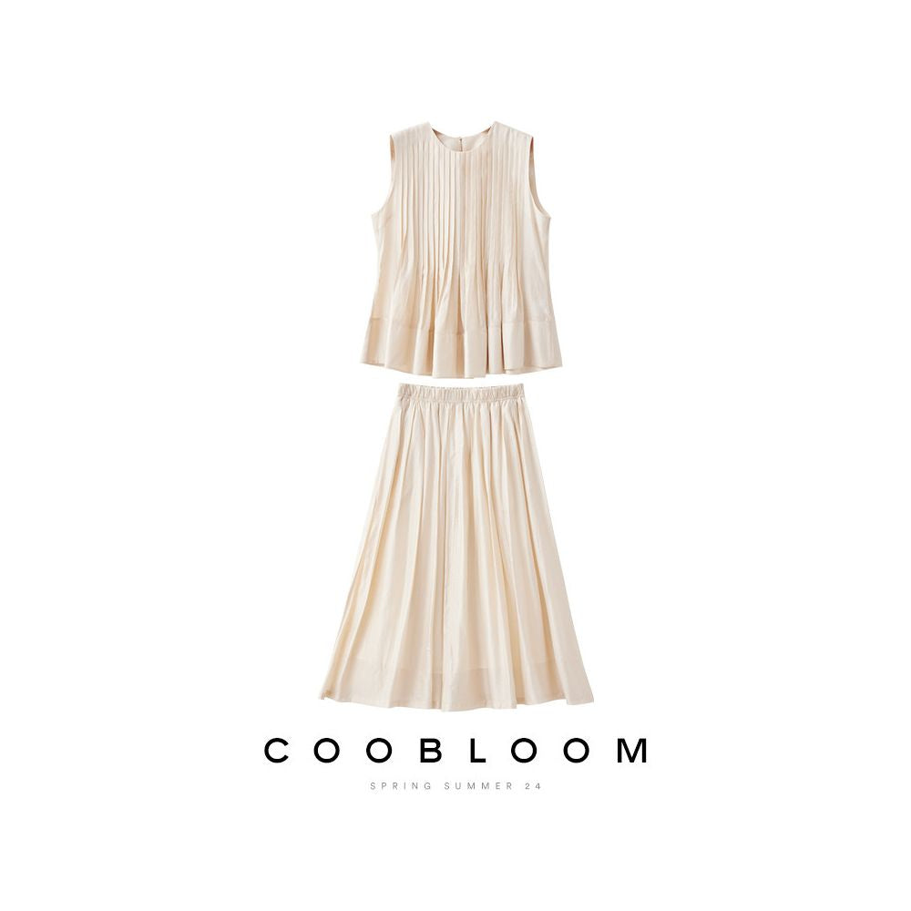 COOBLOOM Women s Midi Skirt 2025 New Set Irregular Pleated Round Neck Vest Top Skirt for Summer image 5