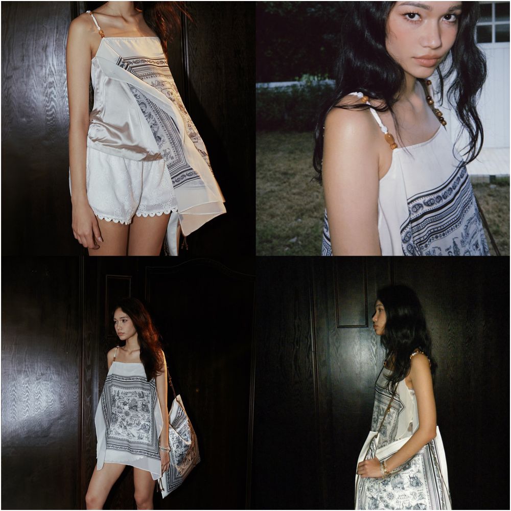Bettychow Betty s private dress silk scarf retro camisole vest single shoulder shopping bag blue green beige image 2