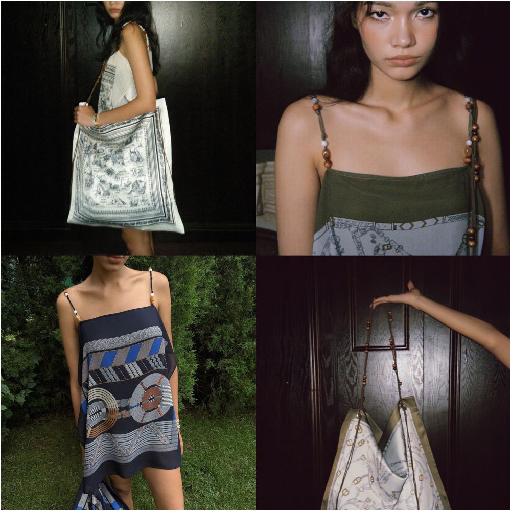 Bettychow Betty s private dress silk scarf retro camisole vest single shoulder shopping bag blue green beige image 0