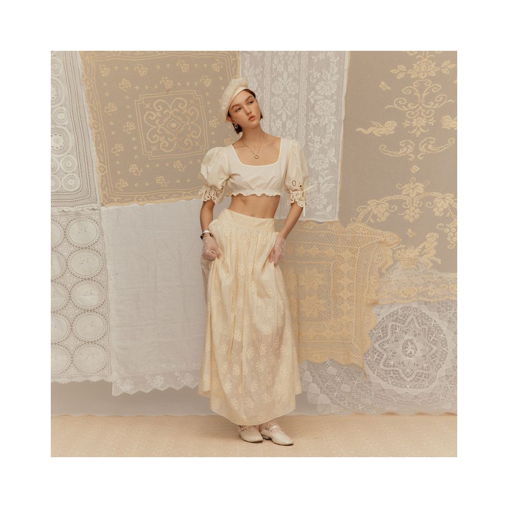 Chinese style silk embroidered half skirt Deplumer misty moon white 25 summer new product cotton mulberry silk embroidered floral lace skirt image 1