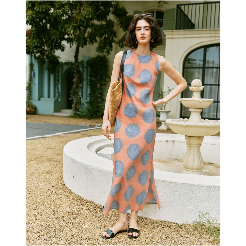 Word of mouth version Tencel linen sleeveless slim fit and slimming oblique cut slit improved cheongsam printed dress image 0