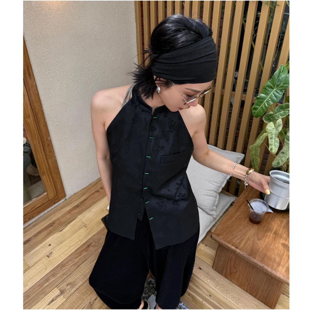 Improved new Chinese style high neck buckle cheongsam top for women in summer unique and non collision style Zen inspired jacquard shoulder digging small shirt image 0
