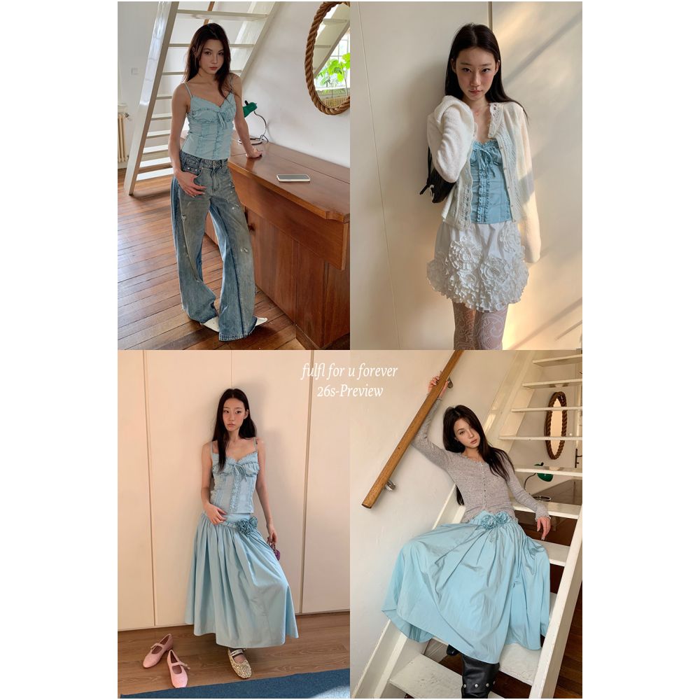 FFU set women s spring new style French fungus edge waist strap standing flower large swing umbrella skirt two piece set image 4