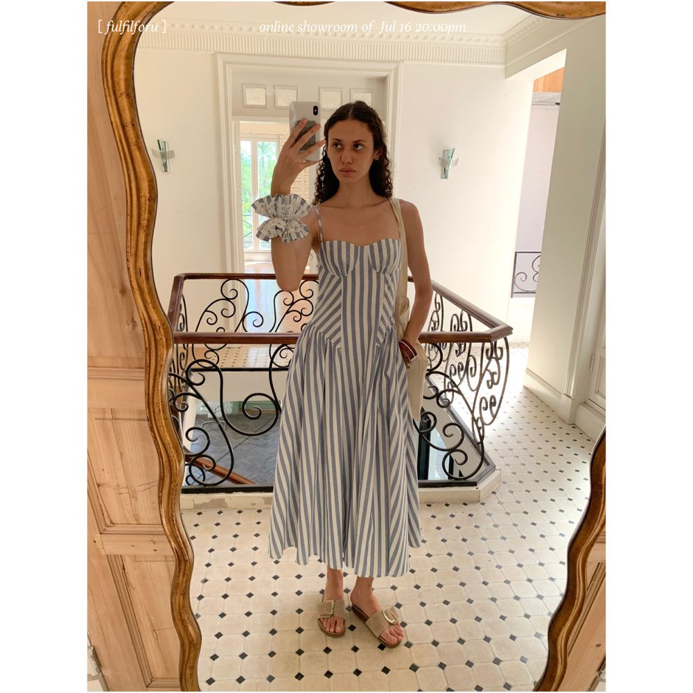 FFU Skirt Children s 2025 New Cotton Long Dress Irregular Splicing Blue and White Stripes Waist Pulling Dress image 1