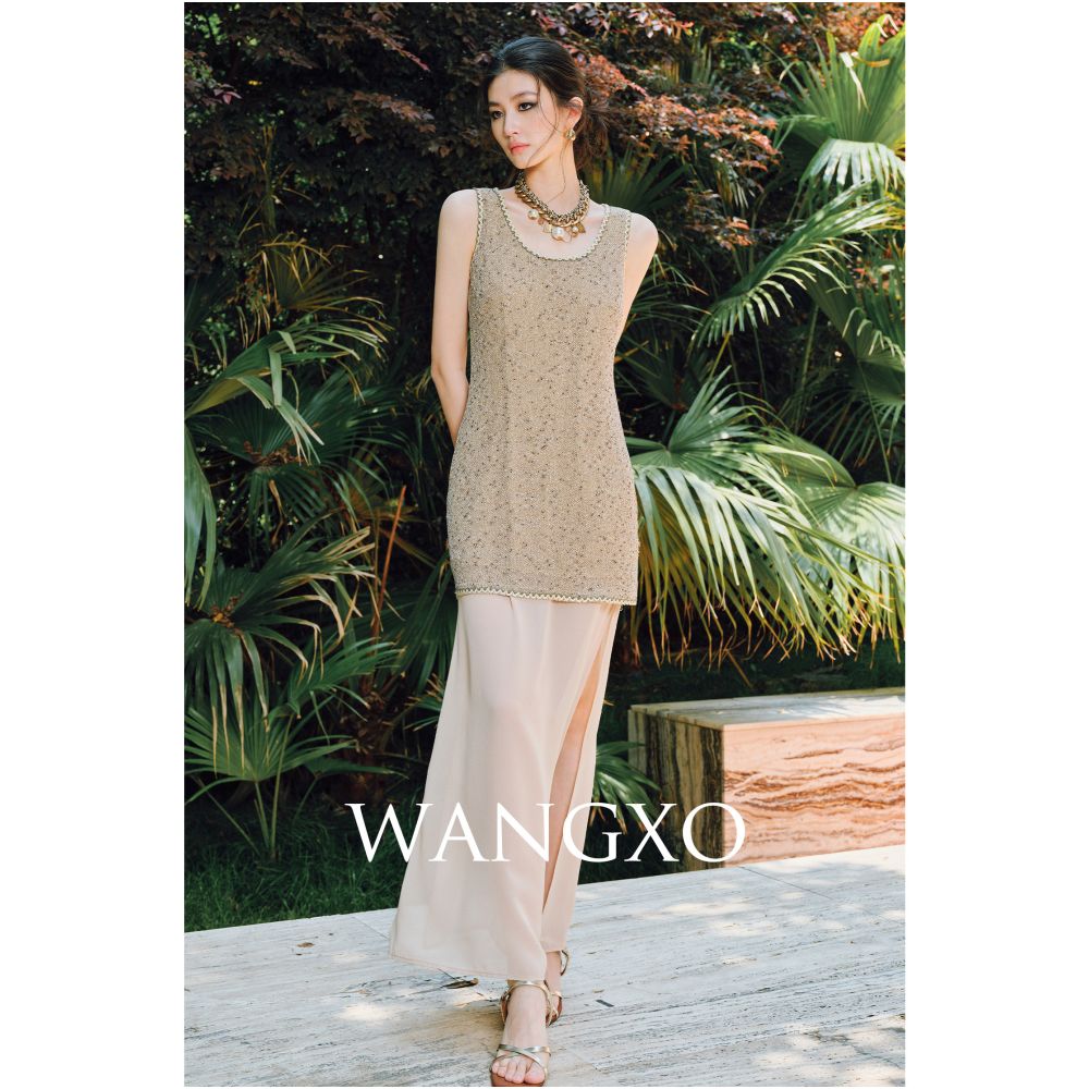 WANGXO Satin Splicing Jocel u0026Elastic Bright Silk Knitted Strap Skirt u0026Vest Skirt Set image 2