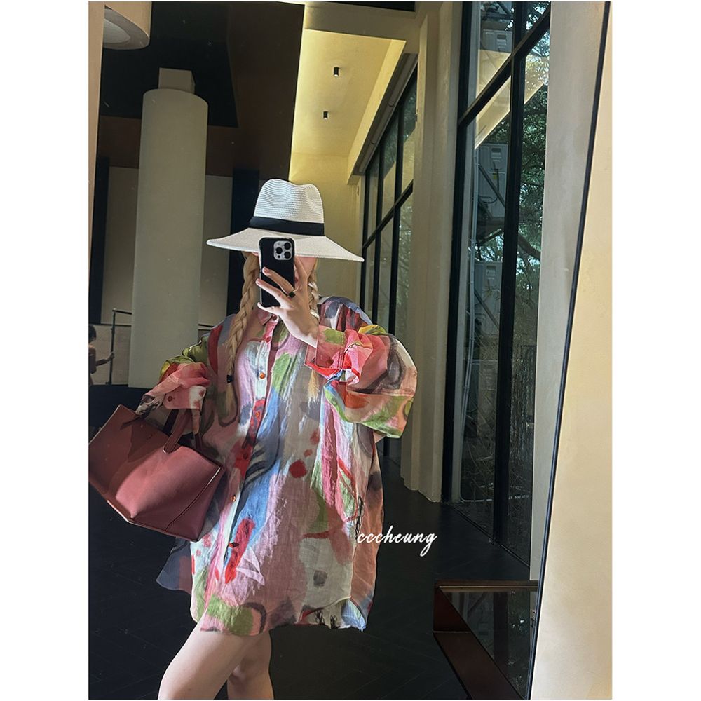 Xiyixi 5 16 Original Niche Designer Peach Oolong 100 Ramie Printed Sunscreen Shirt Set image 3