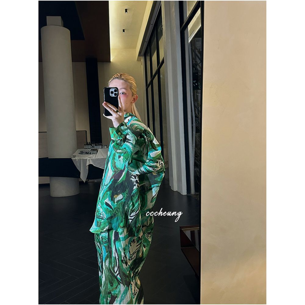 Xiyixi 5 16 Original Niche Designer Peach Oolong 100 Ramie Printed Sunscreen Shirt Set image 5