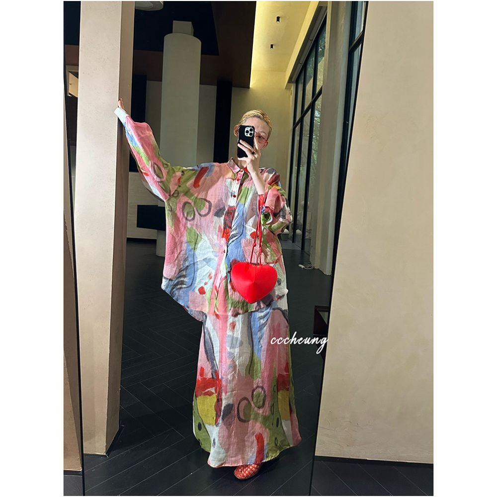 Xiyixi 5 16 Original Niche Designer Peach Oolong 100 Ramie Printed Sunscreen Shirt Set image 0