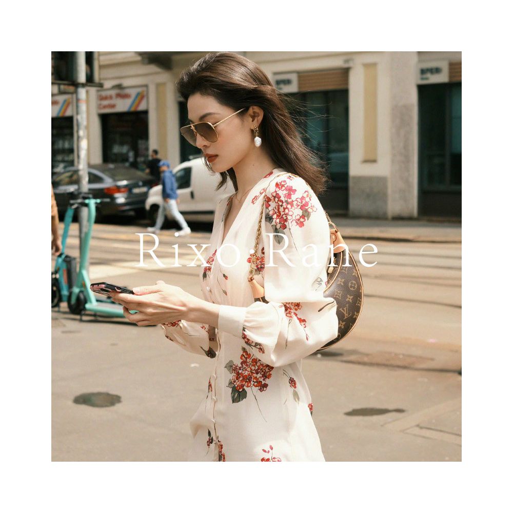 French Rixo Rane Zhong Chuxi s French floral dress women s long sleeved V neck waist cinching slimming mid length skirt image 0