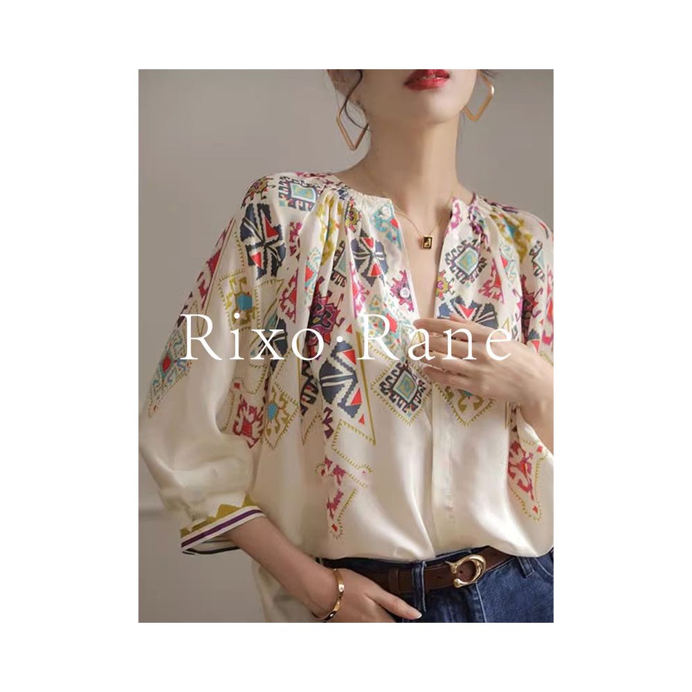 French Rixo Rane comfortable chiffon silk V neck seven quarter sleeved shirt women s summer loose and fashionable printed shirt image 1