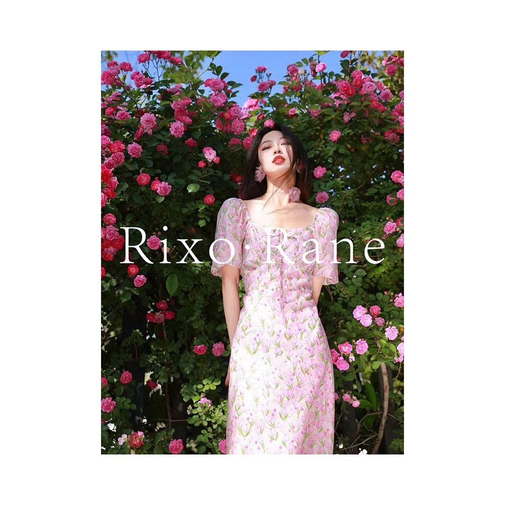French Rixo Rane releases romantic French retro square neck floral dress for women s summer waist cinching stunning long skirt image 1
