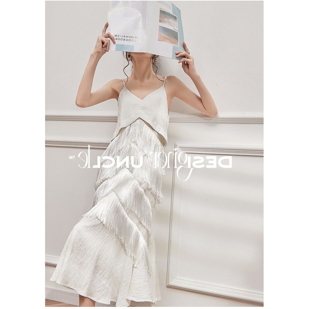 French tea break white camisole dress with flowing tassels niche design high end fish tail sleeveless skirt for summer image 0