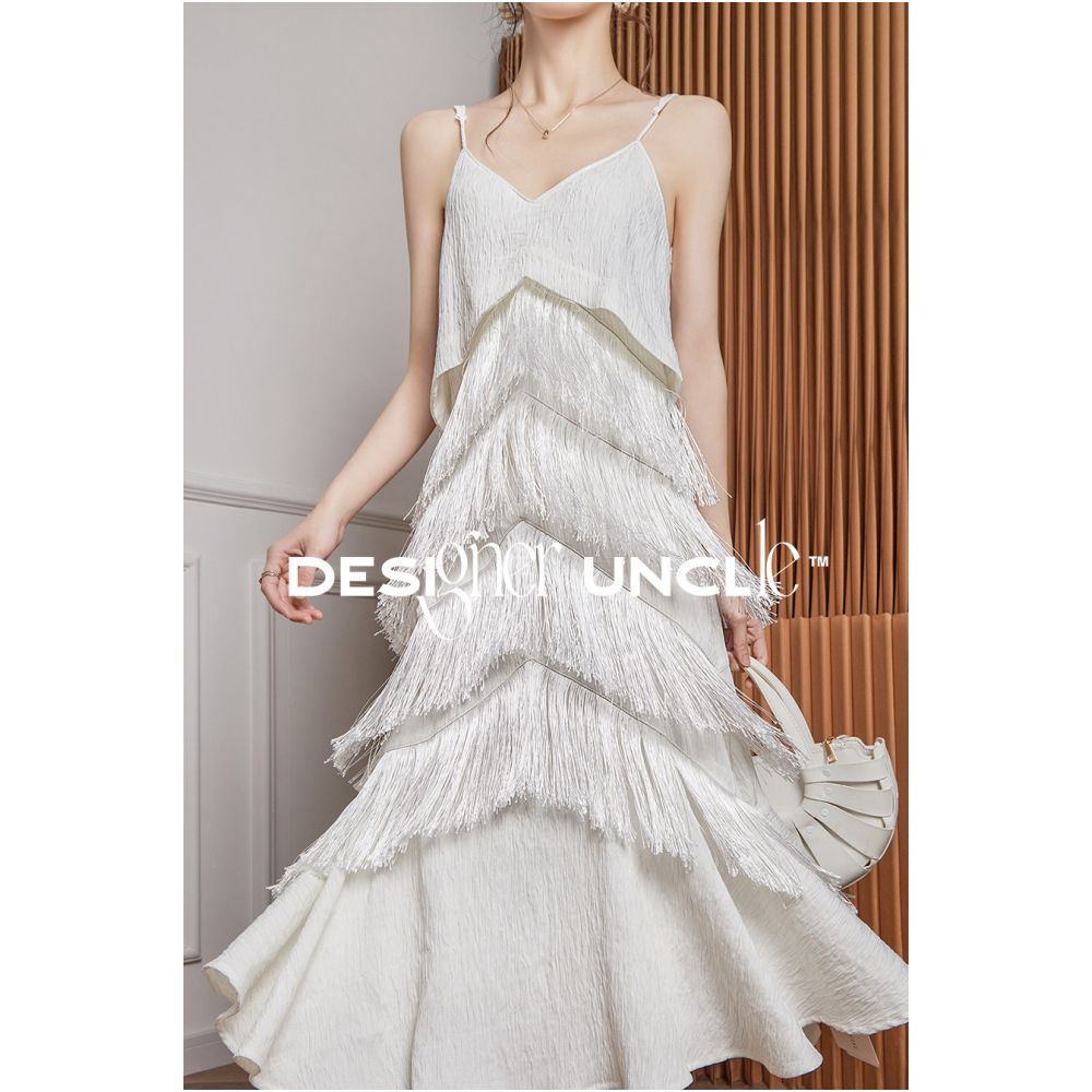 ASAYA6347 – Ivory Fringe Layered Midi Dress ✨🤍