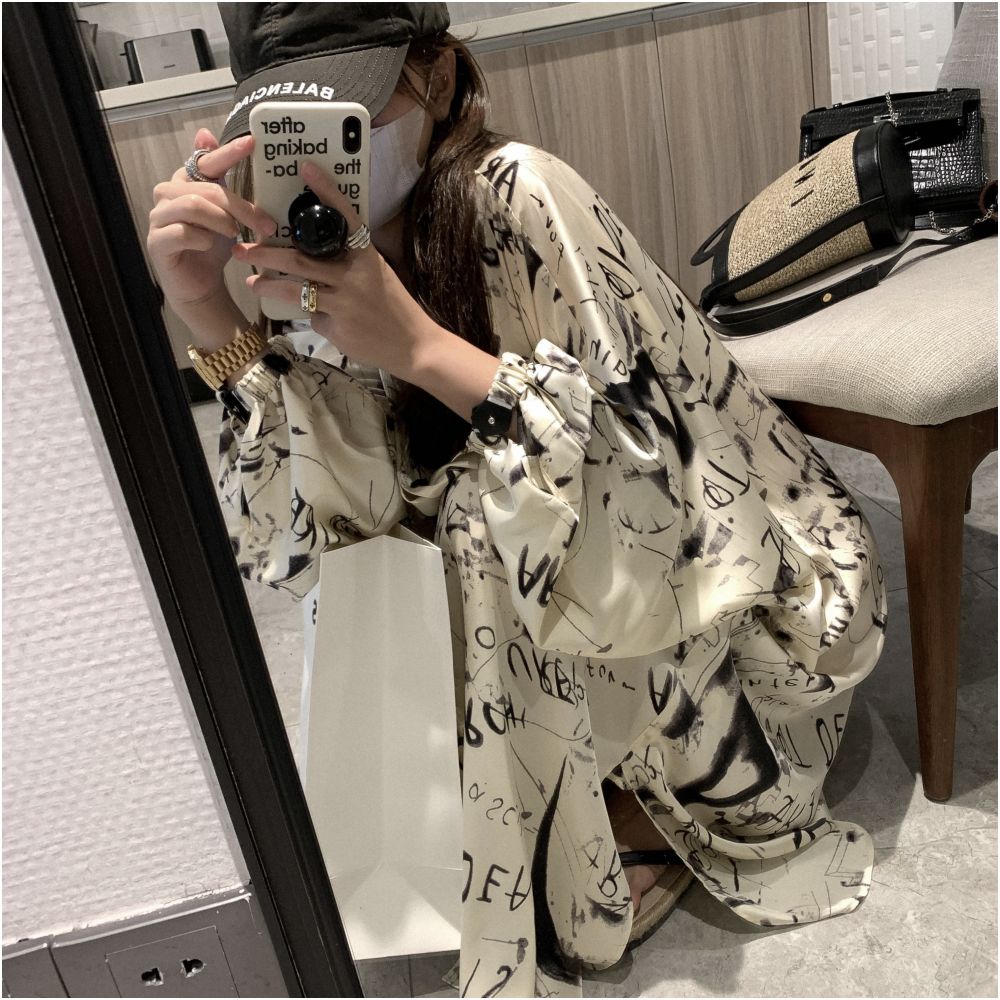 Tach Paola French style small fragrance graffiti printed shirt skirt spring and summer niche lazy style long dress for women image 3