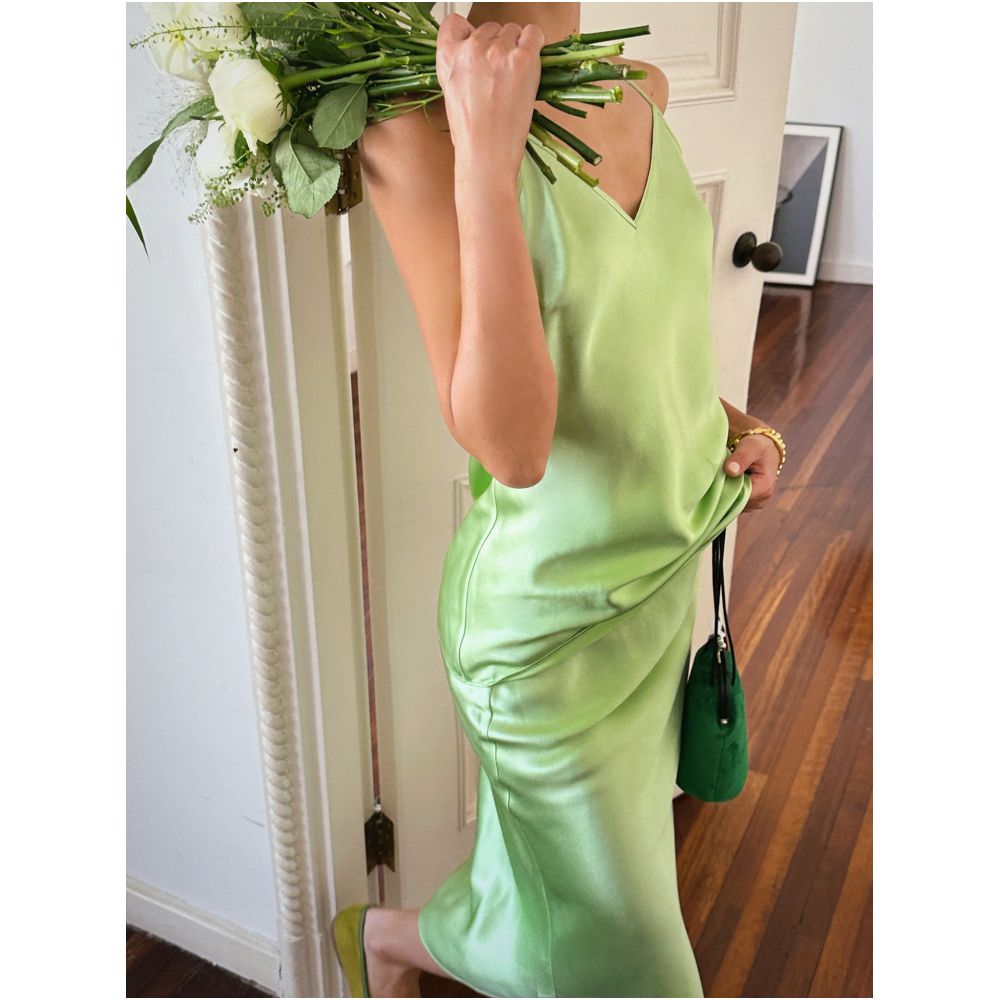 Bettychow Lemon Green Elastic Silk Strap Top High Waist Slimming and Smooth Fishtail A line Skirt image 2
