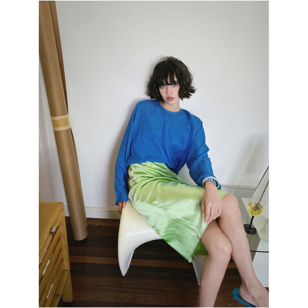 Bettychow Lemon Green Elastic Silk Strap Top High Waist Slimming and Smooth Fishtail A line Skirt image 4