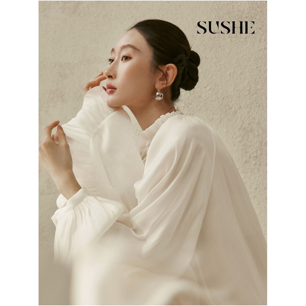SUSHE s Flowing Philosophy Island Silk Ruffle Collar Lantern Sleeves Ruffle Hem Slimming Chiffon Blouse image 3