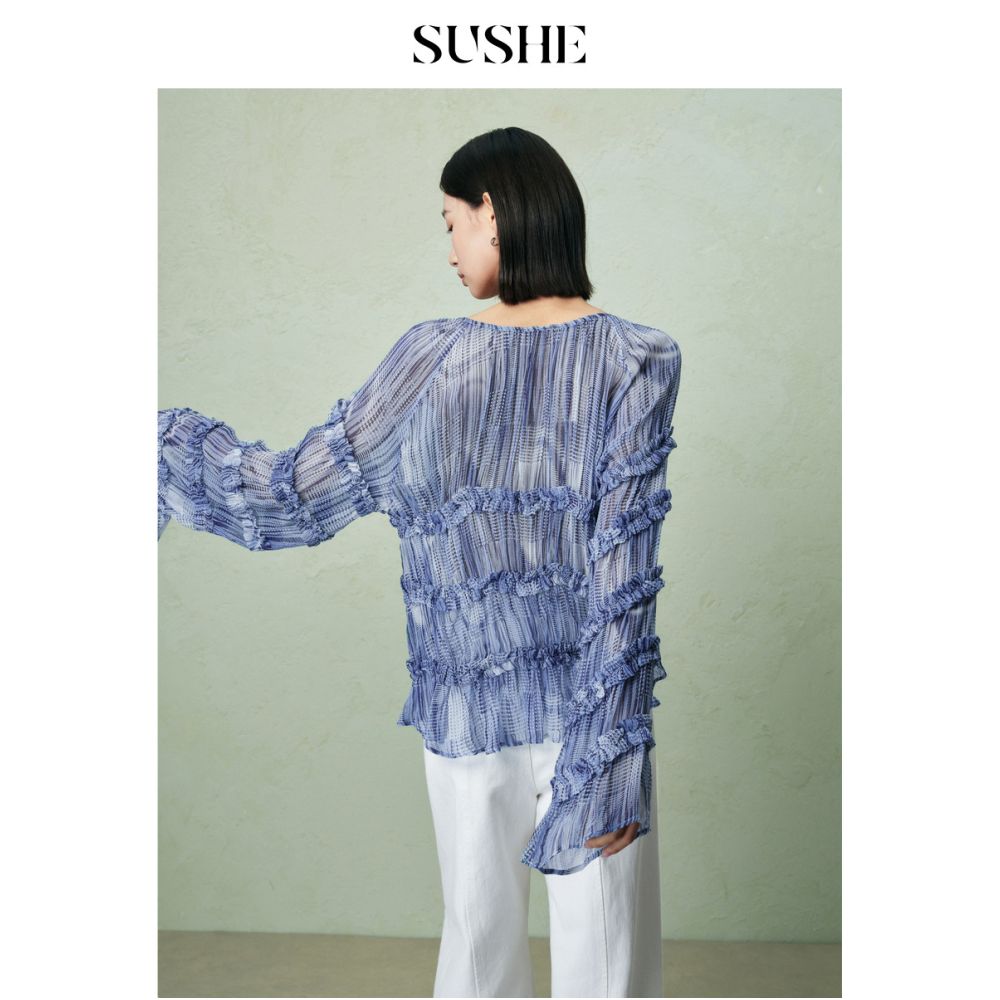 Shuxi SUSHE Qilan French Elegant Double Color Weaving Printed Mushroom Edge Horn Sleeve Clear Chiffon Shirt for Women Summer image 3
