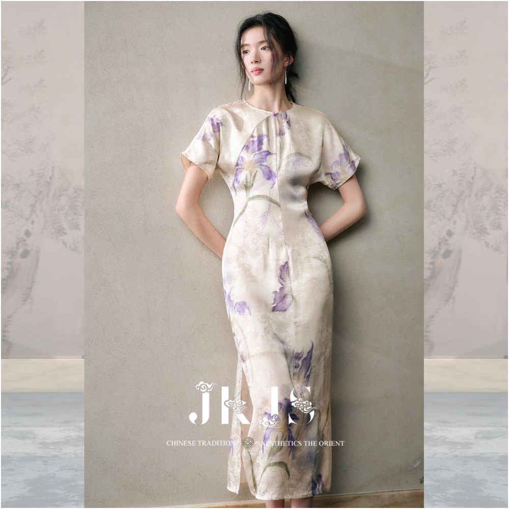 JKJS Fufeng Dance Silk Iris Flower Dress Long Skirt Waist Folding Skirt Retro Chinese Style Improved Cheongsam image 0
