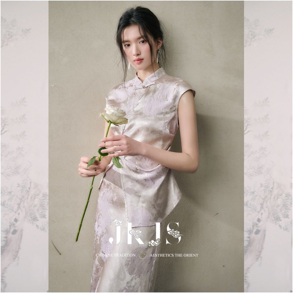 JKJS Flower Trade Style Silk Interwoven Jacquard Buckle Short sleeved T shirt for Women 2026 New Chinese Style Top image 1
