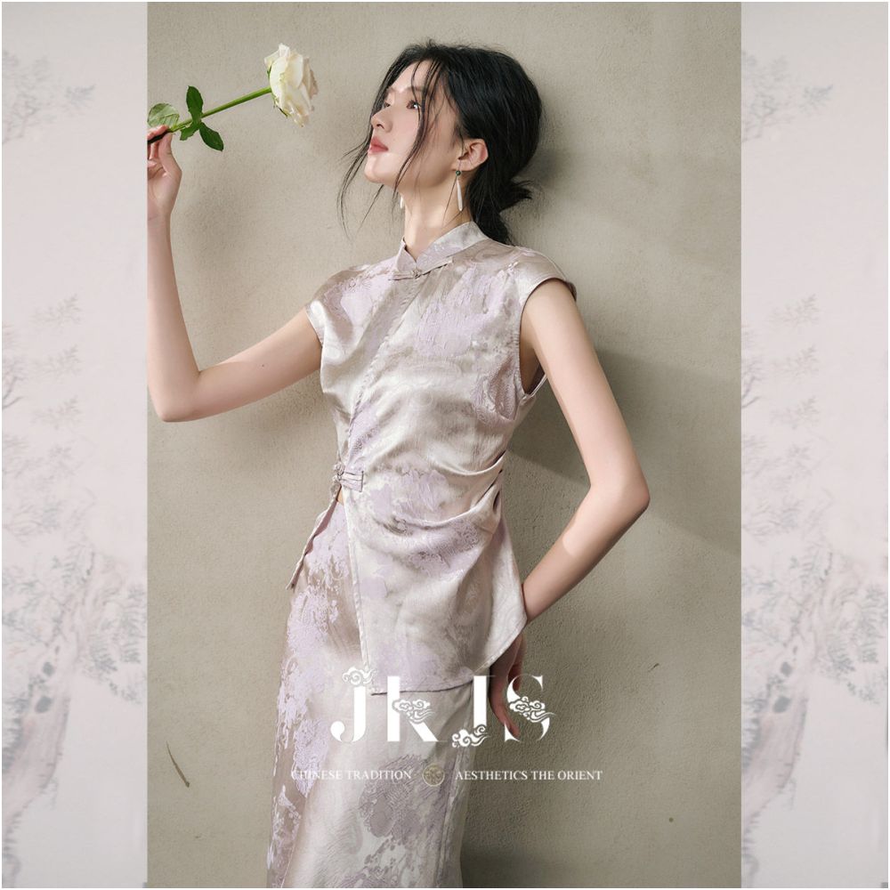 JKJS Flower Trade Style Silk Interwoven Jacquard Buckle Short sleeved T shirt for Women 2026 New Chinese Style Top image 2