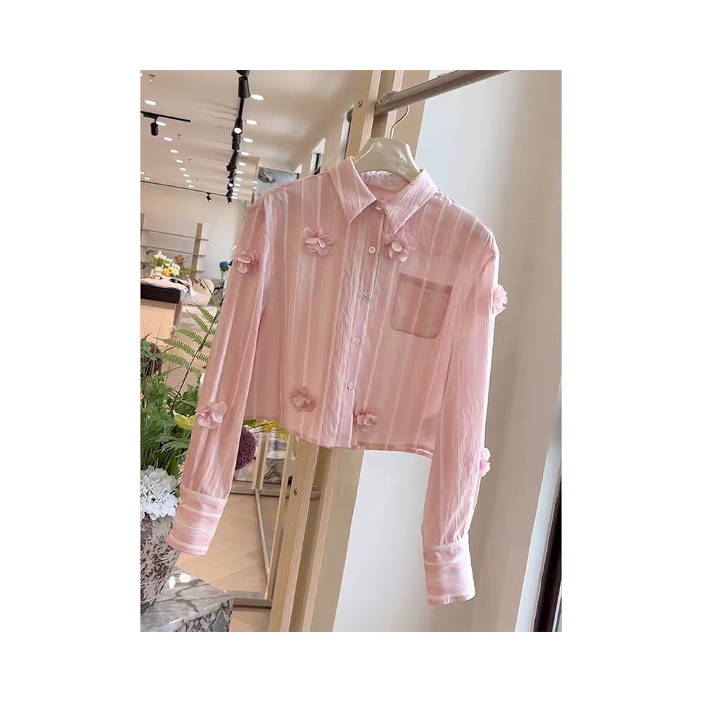 Same style pink three dimensional flower striped shirt for women s autumn high end petite bourgeoisie small top long sleeved shirt in the mall image 3