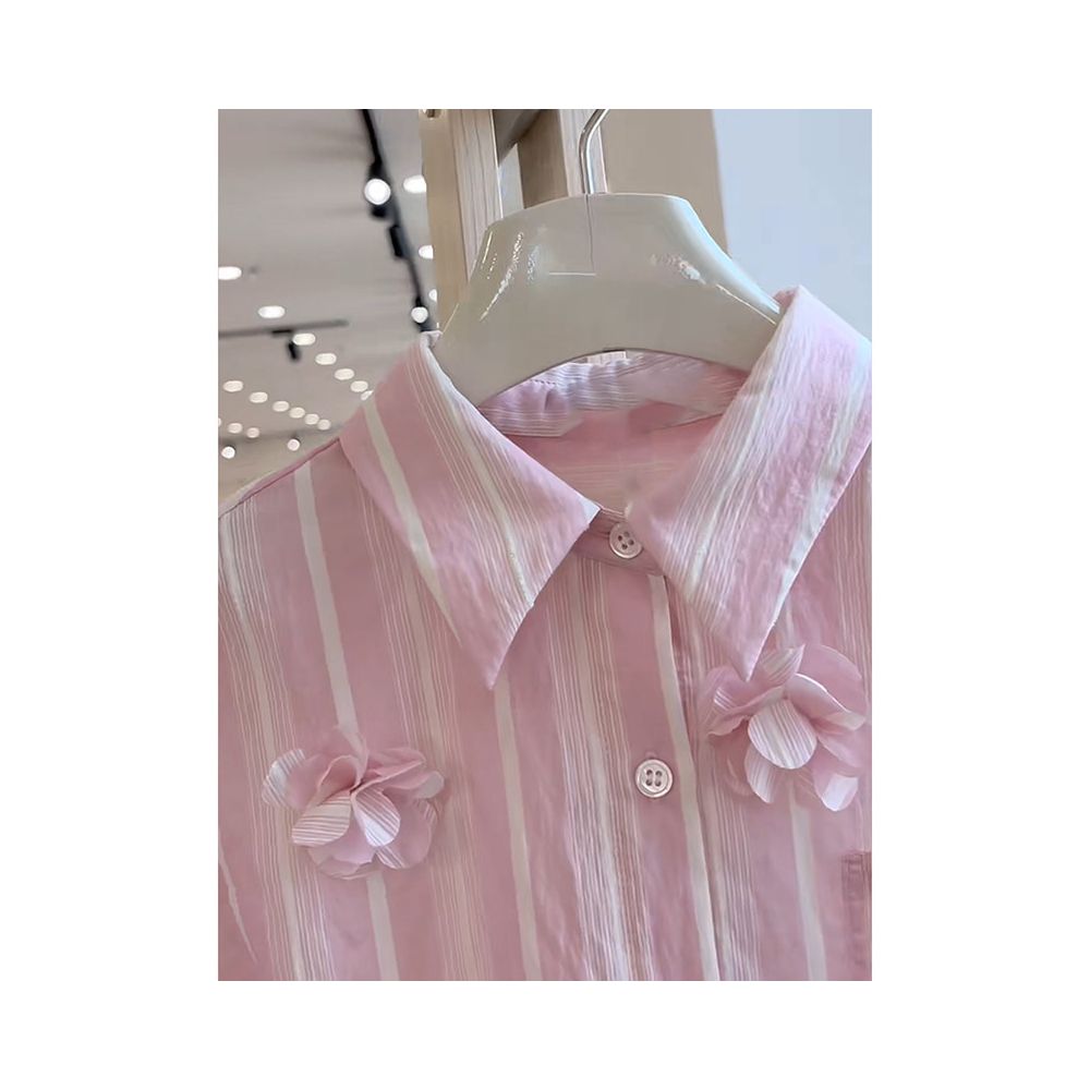 Same style pink three dimensional flower striped shirt for women s autumn high end petite bourgeoisie small top long sleeved shirt in the mall image 4